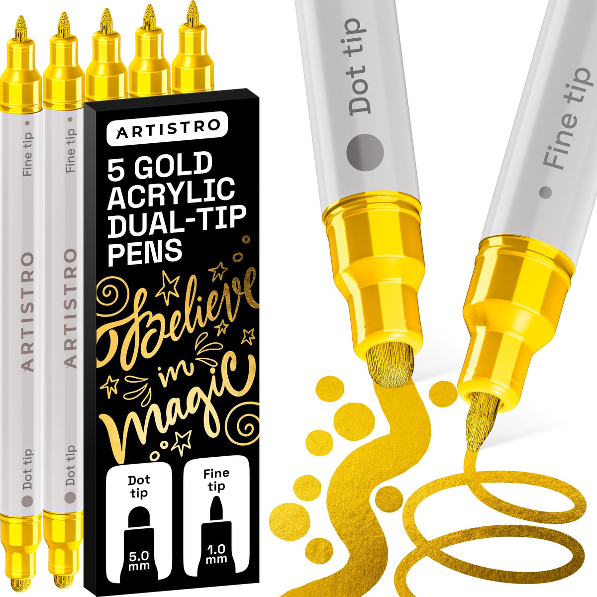 ARTISTRO 5 Gold Precision Dual-Tip Acrylic Paint Markers – Paint Pens Set with Dot & Fine Tips for Fabric, Rock, Glass, Wood, Coloring Books – Classroom & Art Supplies Gift Teacher Appreciation Gift