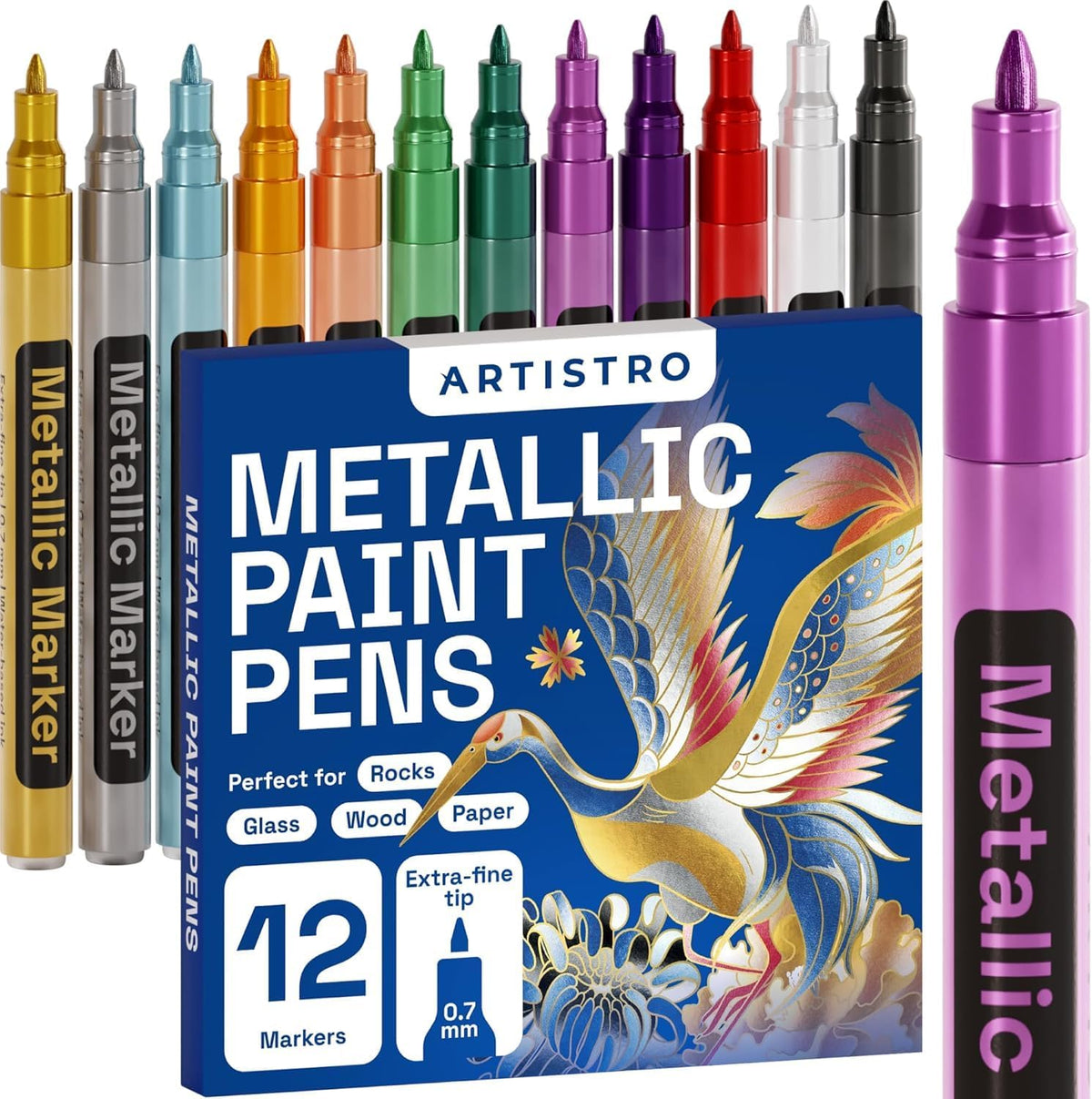 ARTISTRO 12 Metallic Paint Pens for Rock Painting, Stone, Ceramic, Glass, Wood, Fabric, Pebbles, Scrapbook Journals, Photo Albums, Card Stocks, Acrylic Paint Markers Medium Tip 3.0mm