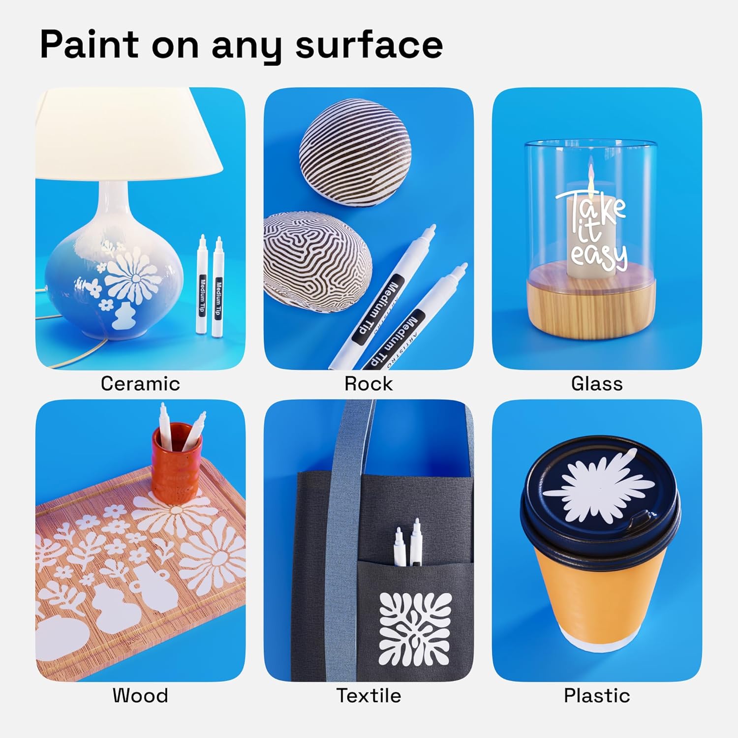 ARTISTRO 2 White Permanent Marker - Waterproof Markers for Tire, Fabric, Rocks, Glass, Ceramic, Wood, Paper - Oil Based Paint Pens - Medium Tip 3mm