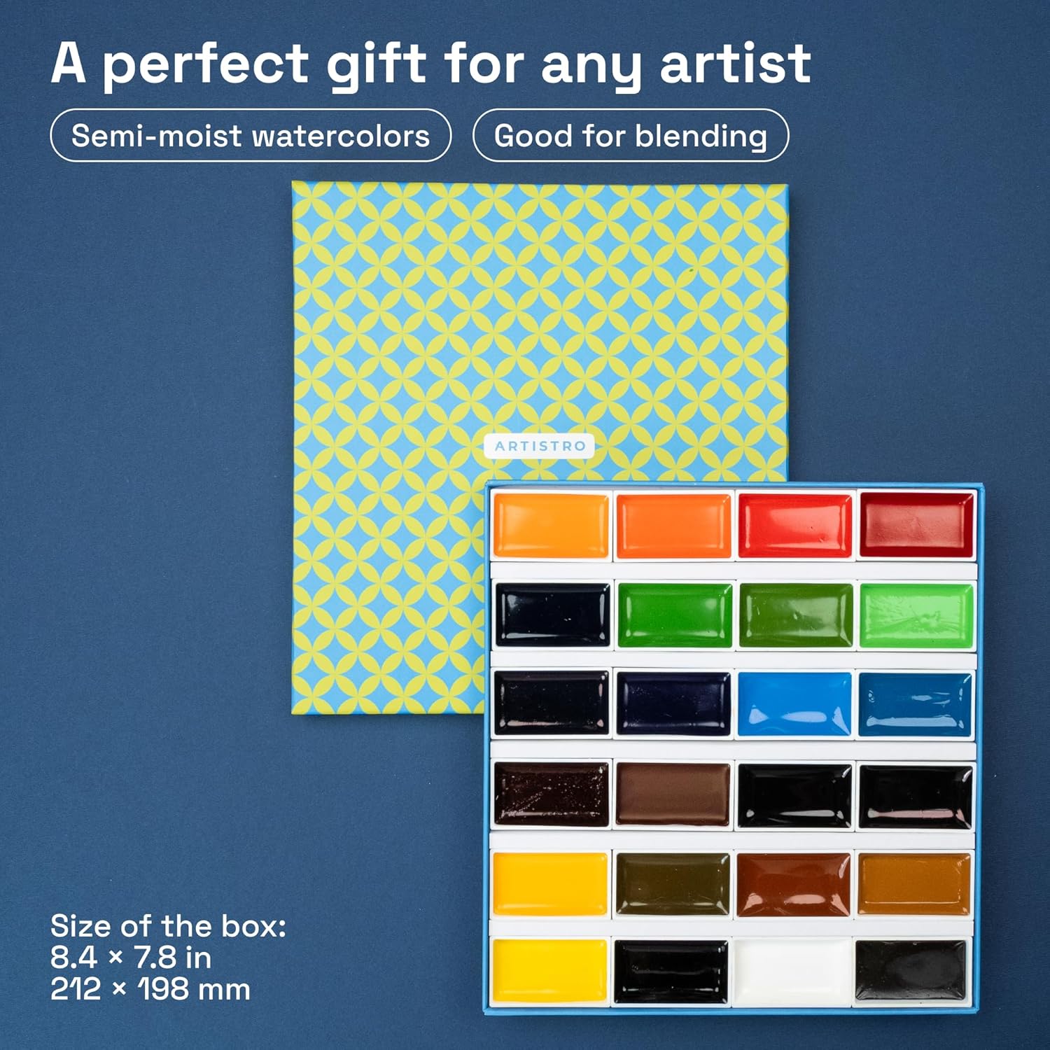 ARTISTRO Watercolor Paint Set - 24 Pigment-Rich Colors, XL Pans, ASTM-I Lightfastness, High Tinting Strength - for Adults & Kids 850061713483