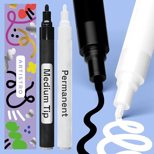 ARTISTRO 2 Black & White Permanent Marker - Waterproof Markers for Tire, Fabric, Rocks, Glass, Ceramic, Wood, Paper - Oi