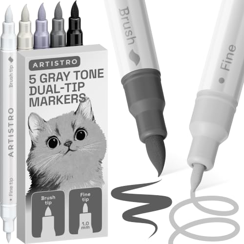 ARTISTRO 5 Gray Tones Dual-Tip Acrylic Paint Marker Pens for Drawing