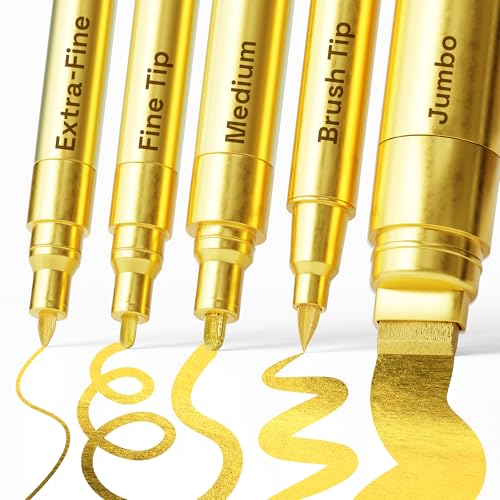 ARTISTRO 5 Gold Paint Pen for Rock, Glass, Ceramic, Wood, Tire, Fabric, Metal, Canvas, Marking, Painting - Set of 5 Acry