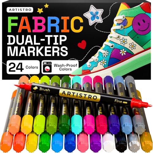 ARTISTRO 24 Dual-Tip Fabric Markers - Fabric Decorating Kit - Permanent for Clothes - Acrylic Paint Pens for Sneakers, B