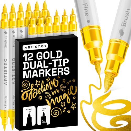 ARTISTRO 12 Gold Acrylic Paint Markers - Paint Pens for Drawing - For Fabric, Rock, Glass, Wood, Molds - Arts & Crafts G
