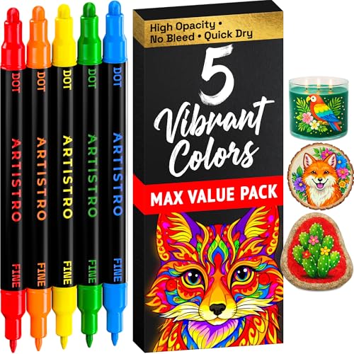 ARTISTRO 5 Precision Dual-Tip Acrylic Paint Markers – Paint Pens Set with Dot & Fine Tips for Fabric, Rock, Glass, Wood,