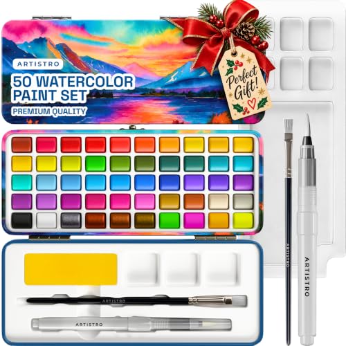 ARTISTRO 50 Watercolor Paint Set, Sunrise Set, Palette & Brushes