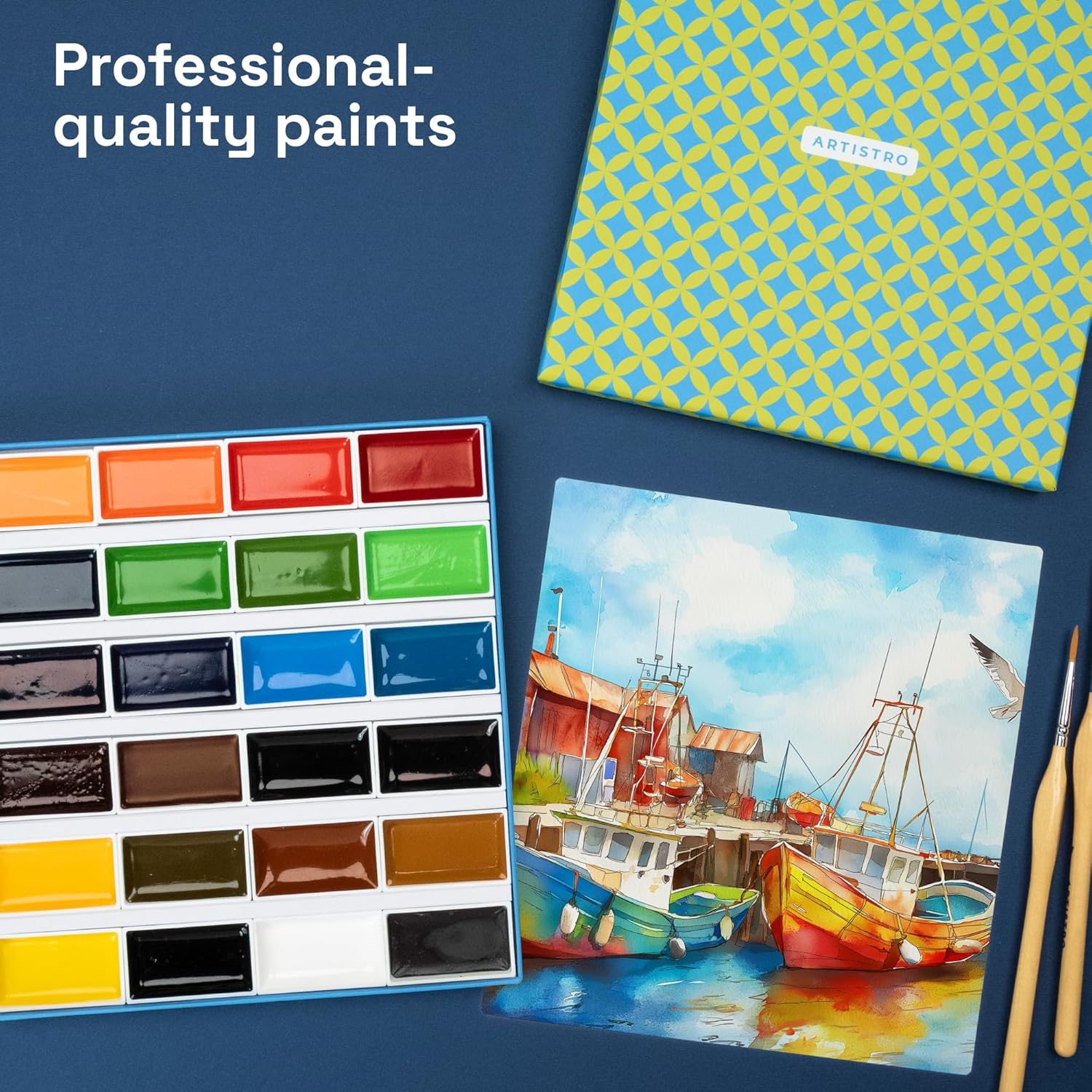 ARTISTRO Watercolor Paint Set - 24 Pigment-Rich Colors, XL Pans, ASTM-I Lightfastness, High Tinting Strength - for Adults & Kids 850061713483
