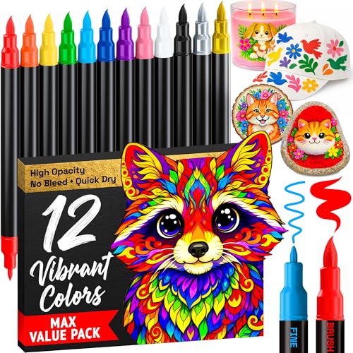 ARTISTRO 12 Acrylic Paint Markers - Paint Pens for Drawing, Brush + Fine Tips - For Fabric, Rock, Glass, Wood, DIY, Eggs