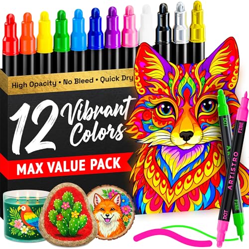 ARTISTRO 12 Precision Dual-Tip Acrylic Paint Markers – Paint Pens Set with Dot & Fine Tips for Fabric, Rock, Glass, Wood