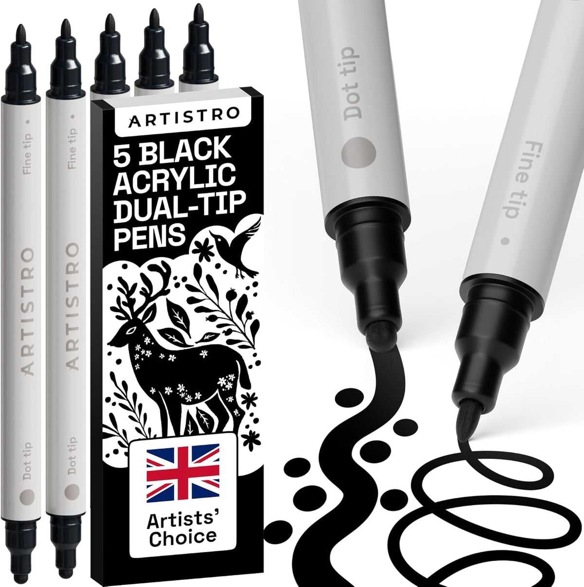 ARTISTRO 5 Black Dual-Tip Acrylic Paint Pens for Rock, Ceramic, Glass, Wood, Fabric - Black Markers for Acrylic Painting, 5mm Dot + 1mm Fine Tips