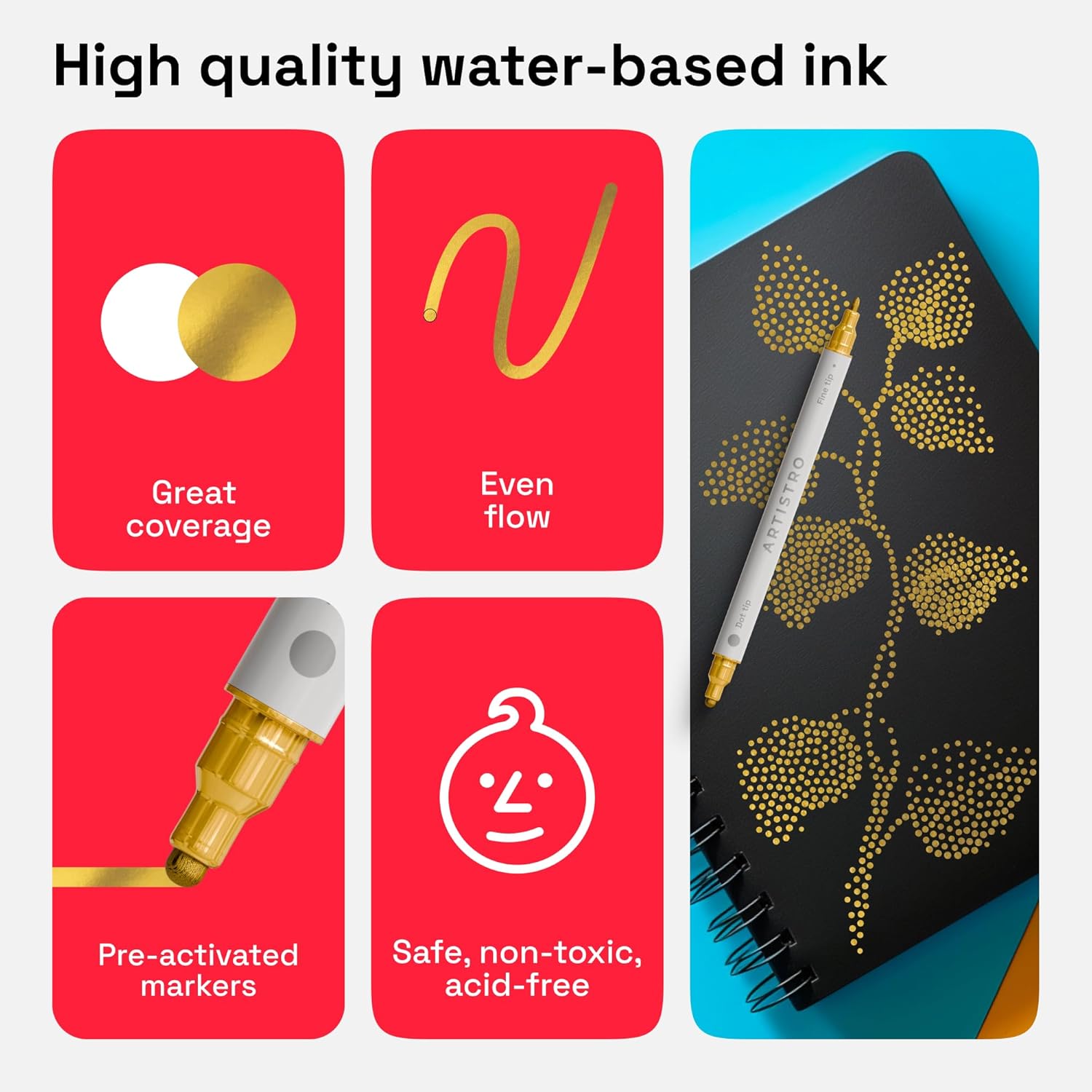 ARTISTRO 2 Gold Acrylic Paint Pens, Acrylic Paint Markers Dual Tip (Fine 1mm + Dot 5mm), Acrylic Markers for Fabric, Canvas, Rock, Glass, Wood, Paper, DYI, Paint Markers for Kids and Adults
