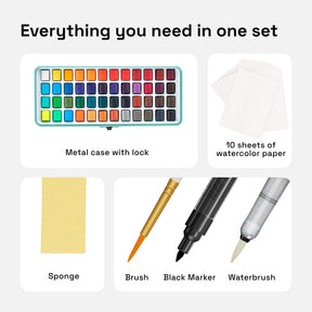 everything you need in one set: metal case, 10 sht of watercolor paper, sponge, brush, waterbrush, black marker