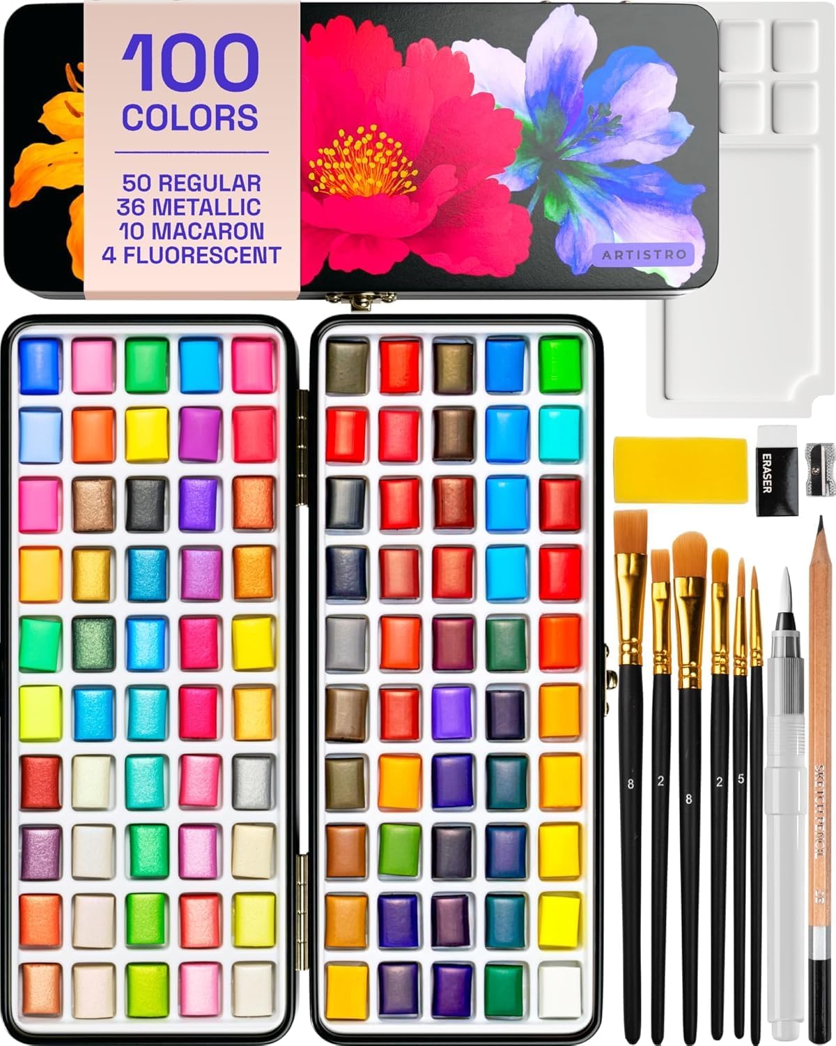 ARTISTRO 100 Colors Watercolor Paint Set - Portable Paint Set with Palette and Brush Pens - Travel Water Color Kit for Adults, Professionals, Kids - Art and Painting Supplies - Christmas Gift Idea