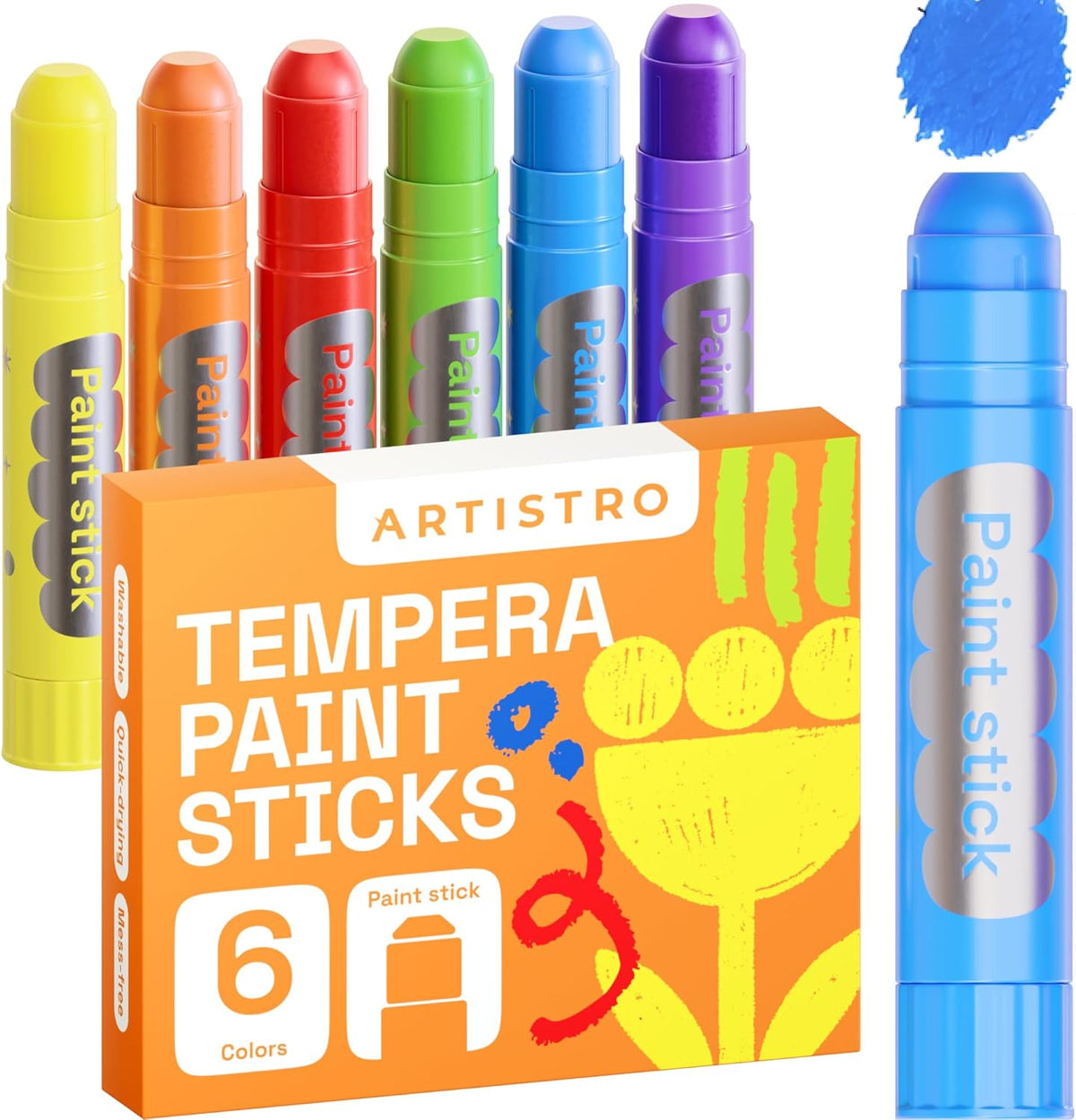 ARTISTRO 100% Washable Tempera Paint Sticks for Kids - 6 Non-toxic Paint Markers for Kids - Color Sticks with Twist Design