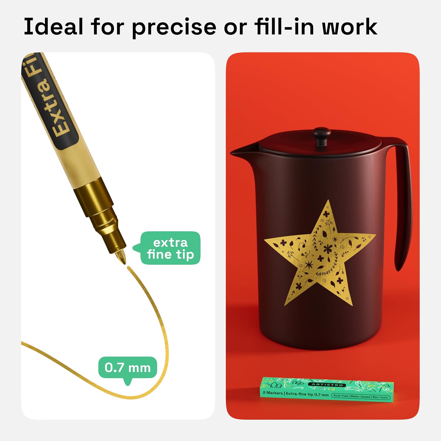 ARTISTRO 2 Gold Acrylic Paint Markers - 0.7mm Extra Fine-Tip Paint Pens - Perfect for Crafting, Art Projects, & More