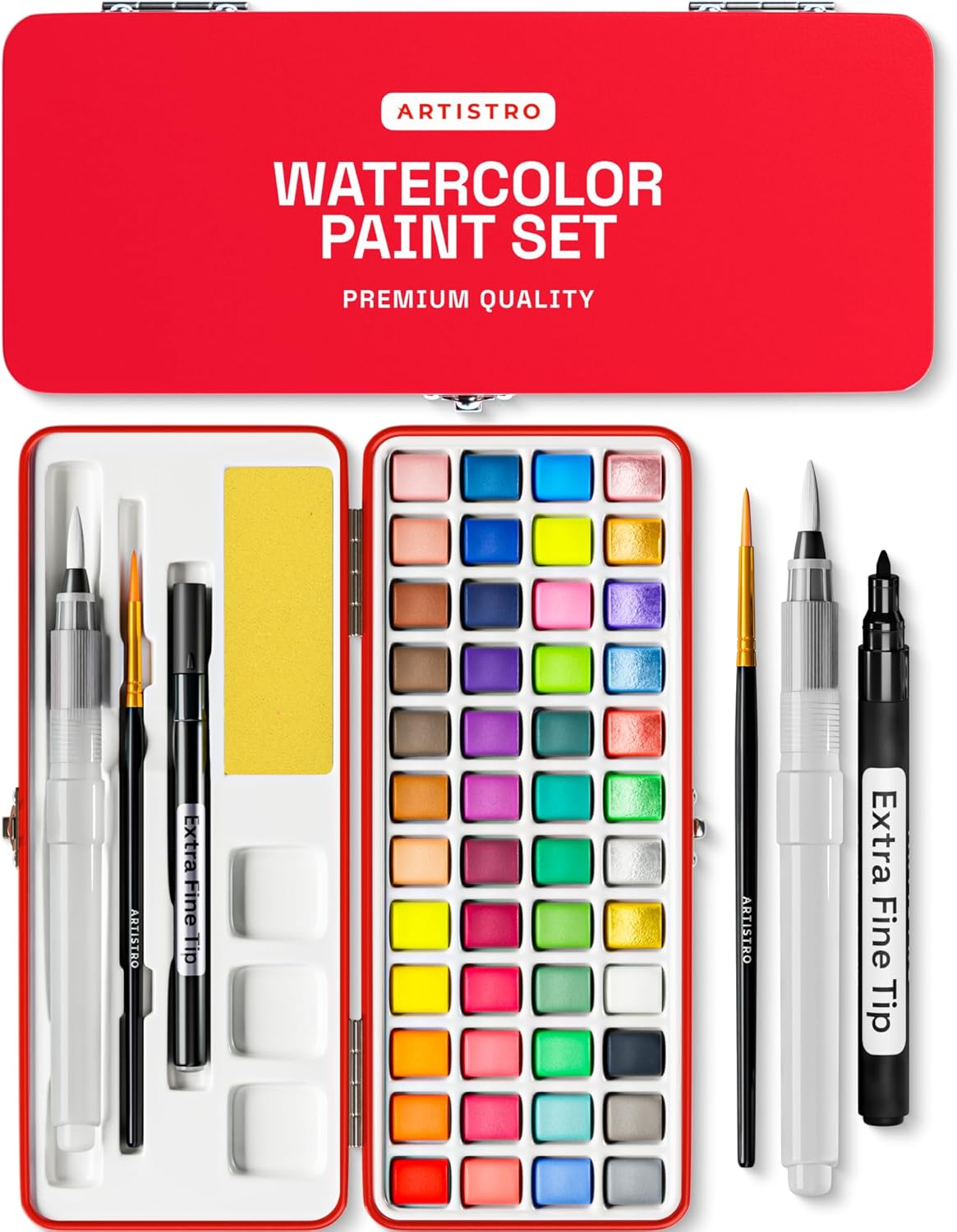 ARTISTRO Watercolor Paint Set in Portable Box, Includes Metallic and Fluorescent Paints, 2 x Brushes, Watercolour Paper, Acrylic Markers, Travel kit for Artist and Beginners