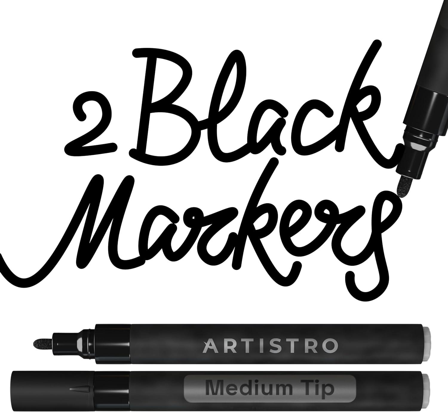 ARTISTRO 2 Black Acrylic Paint Markers - 3mm Medium-Tip Paint Pens - Perfect for Crafting, Art Projects, & More