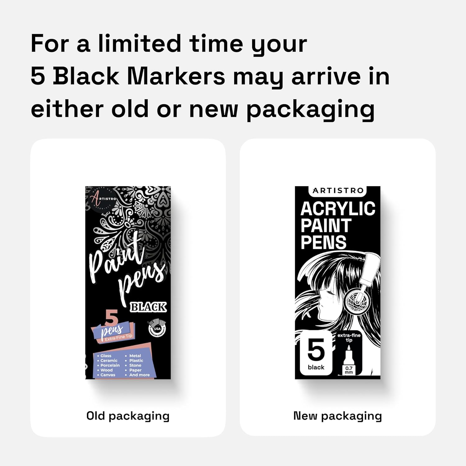 ARTISTRO Black Paint Pens for Rock Painting, Stone, Ceramic, Glass, Wood, Tire, Fabric, Metal, Canvas. Set of 5 Water Based Black Markers for Acrylic Painting Extra Fine Point Tip