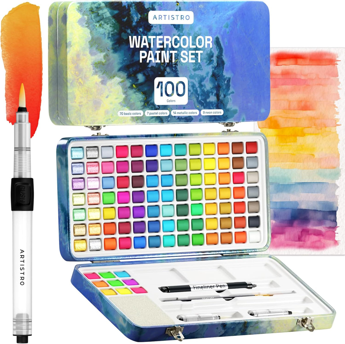 ARTISTRO Watercolor Paint Set, 100 Vivid Colors in Portable Box, Palette set Including Metallic, Fluorescent, Pastel Colors. Perfect Travel Watercolor Set for Artsits, Amateur, Hobbyists and Painting Lovers