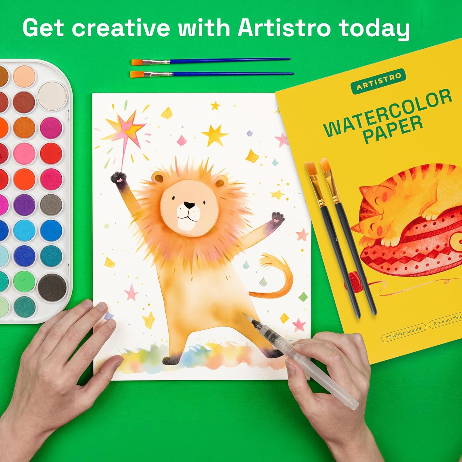 ARTISTRO Washable Watercolor Paint Set 48 Colors with Watercolor Paper, 2 brushes, Refillable Water Brush Pen and Palette, Water Color Paint Set for Kids, Adults, Beginner Artists
