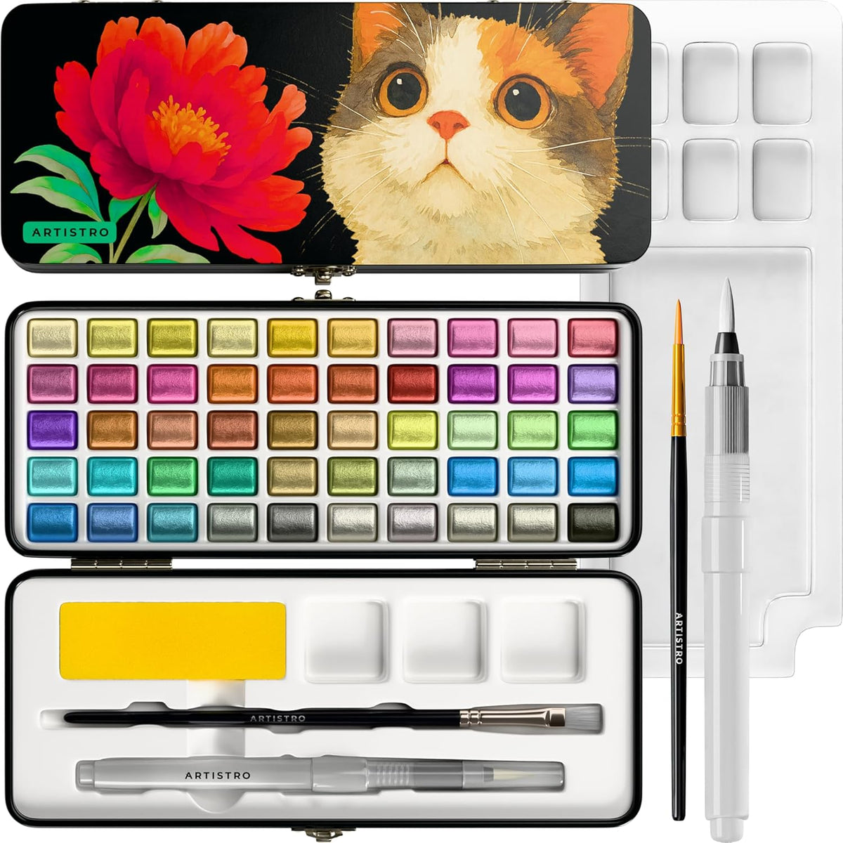 ARTISTRO 50 Metallic Colors Watercolor Paint Set - Portable Paint Set with Palette and Brush Pens - Travel Water Color Kit for Adults, Professionals, Kids - Art and Painting Supplies - Christmas Gift