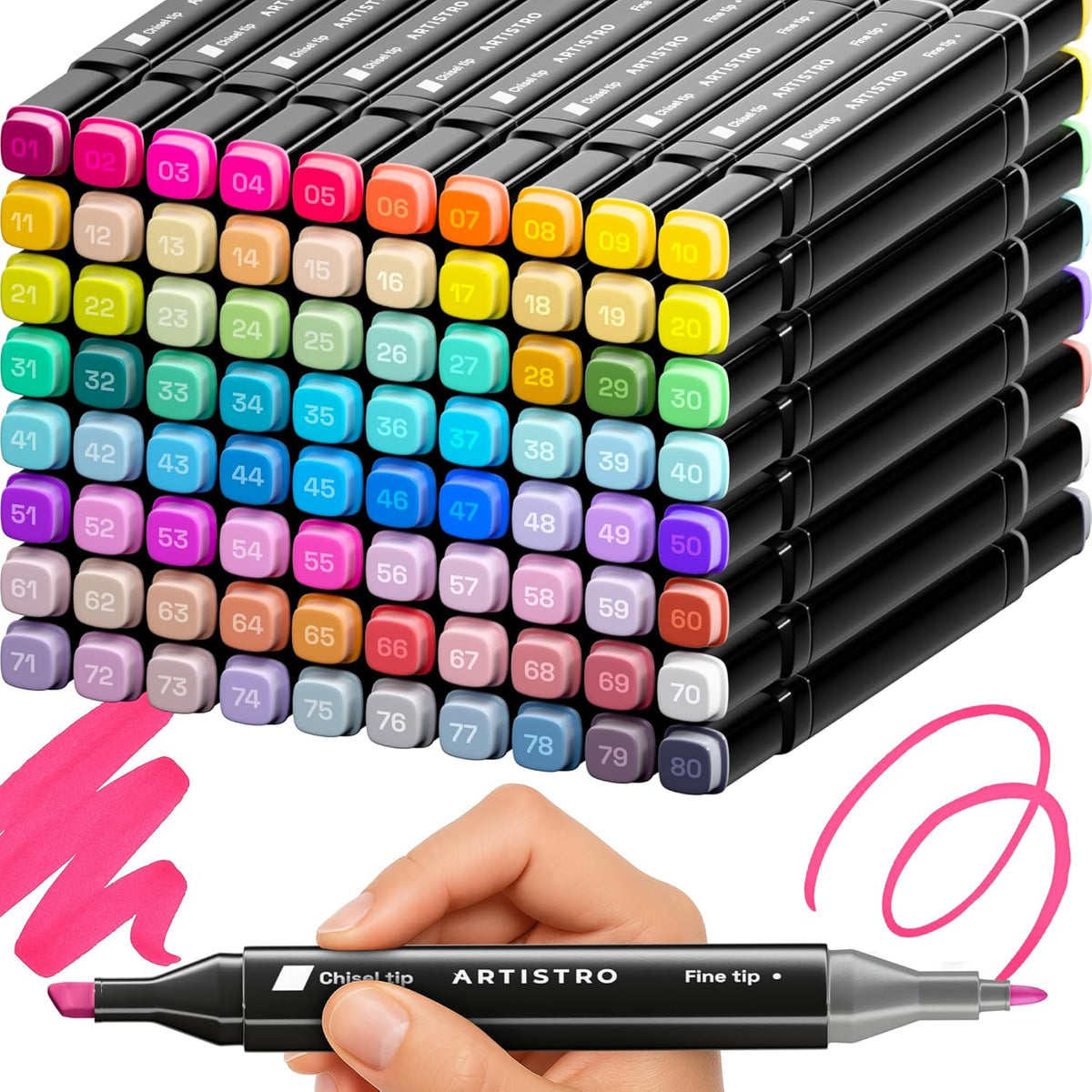 ARTISTRO 80 Dual-Tip Alcohol Markers - Alcohol-Based Pens Set, Chisel + Fine Tip, Quick Dry, Carrying Case Included