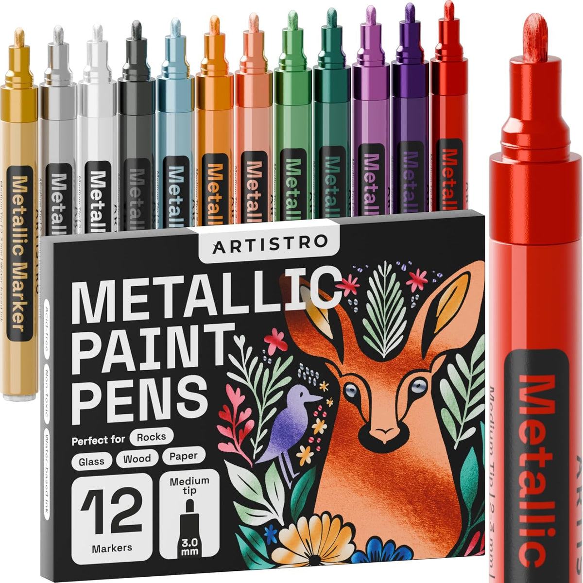 ARTISTRO 12 Metallic Paint Pens for Glass Marking, Rock Painting, Ceramic, Wood, Fabric, Scrapbooking, DIY Craft Making, Coloring - Acrylic Paint Markers Medium Tip 3mm