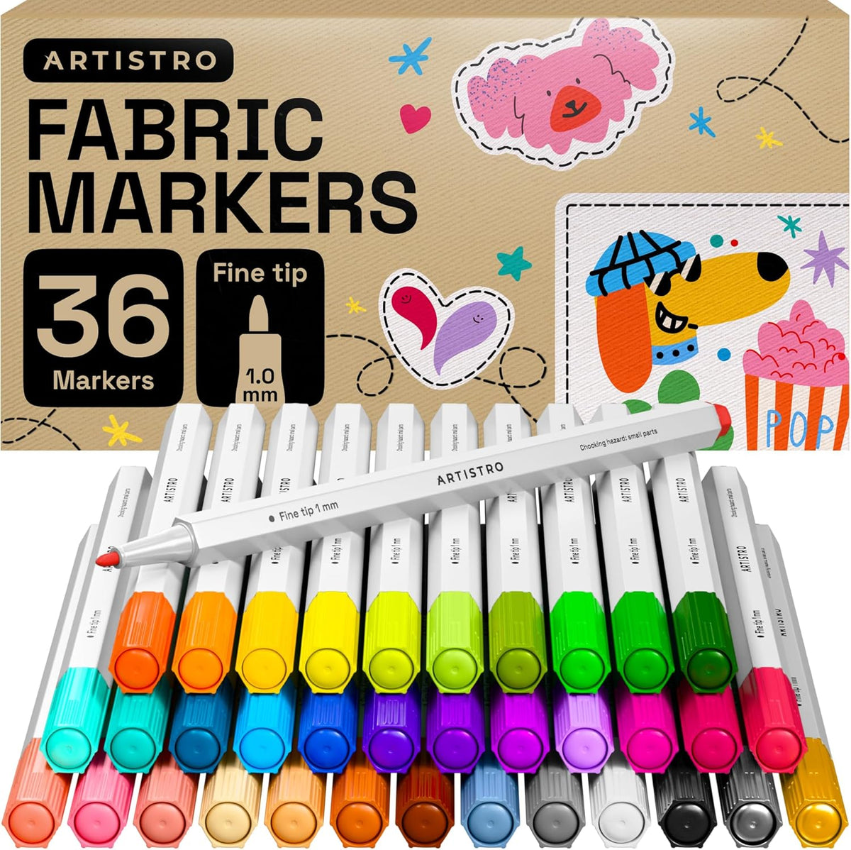 ARTISTRO 36 Fabric Markers - Fine Tip Fabric Markers Permanent for Clothes - No Bleed Pens for T-Shirts, Bags, Textile, Canvas, and more