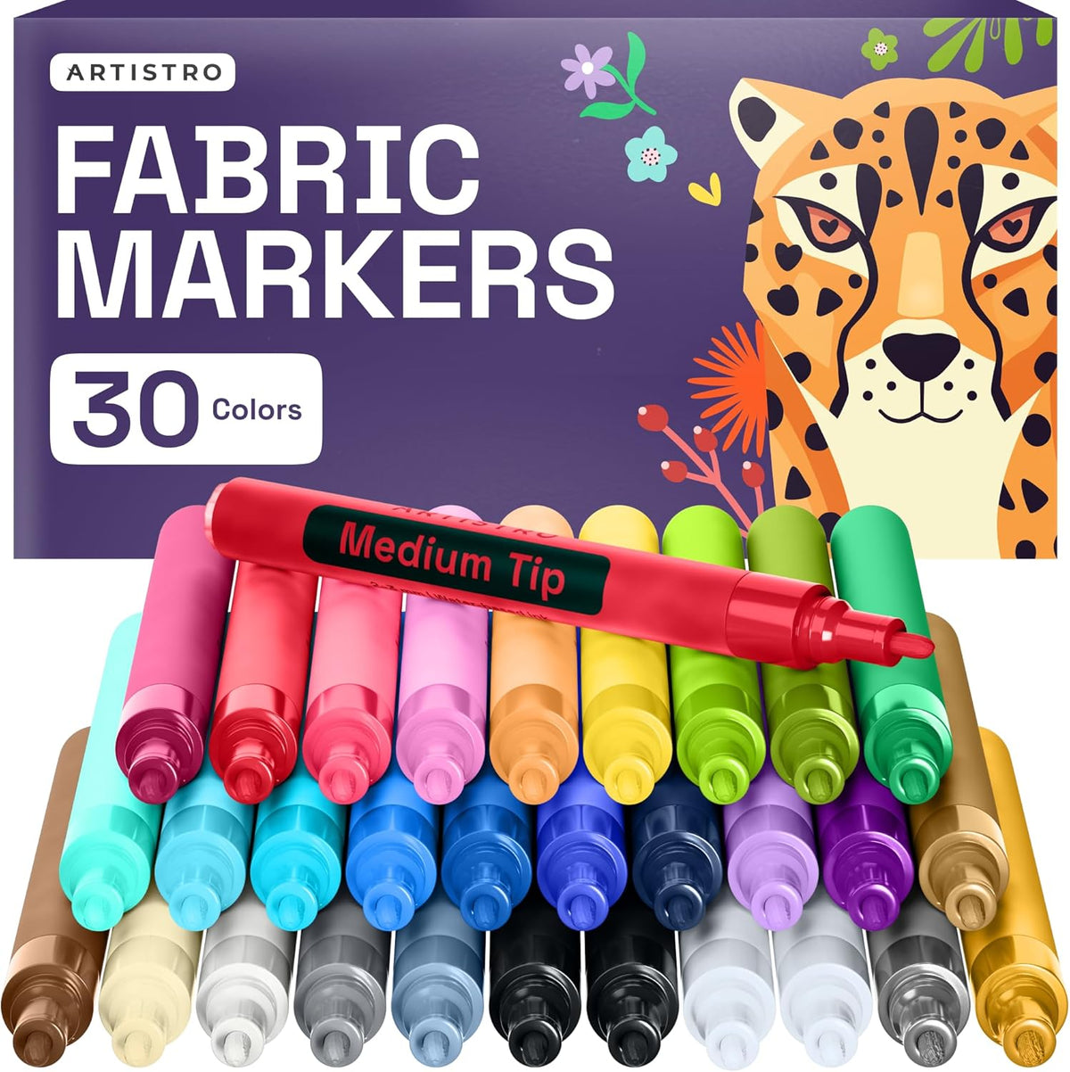 ARTISTRO 30 Fabric Markers - Fabric Decorating Kit - Permanent for Clothes - No Bleed Pens for T-Shirts, Bags, Textile, Canvas, and More (Medium Tip)