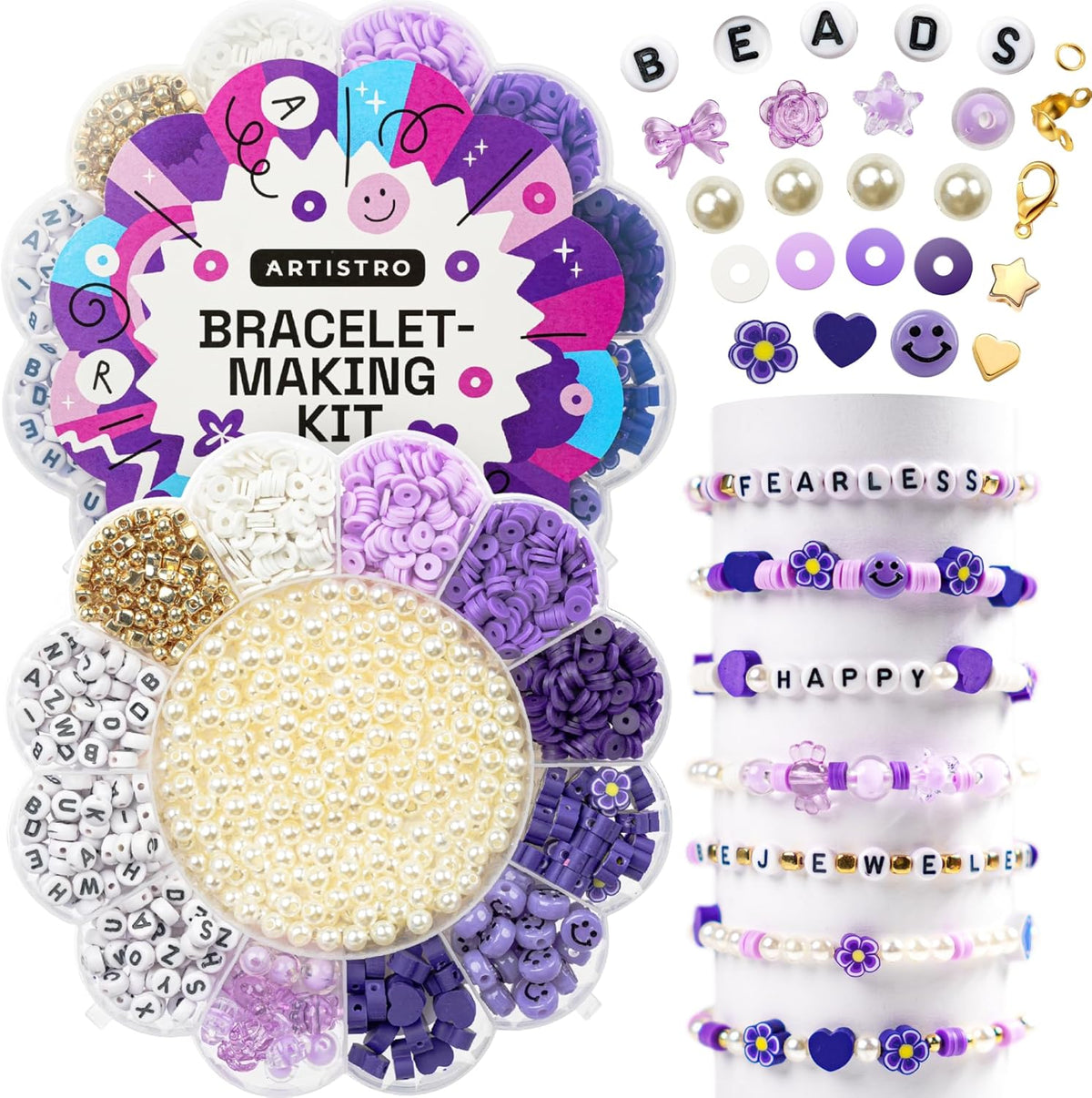 ARTISTRO 3000 pcs Bracelet Making Kit - Friendship Bracelet Kit with Pearl, Clay, Letter, Star, Flower, Heart Beads - Purple Kandi Beads Set for Girls, Boys and Adults