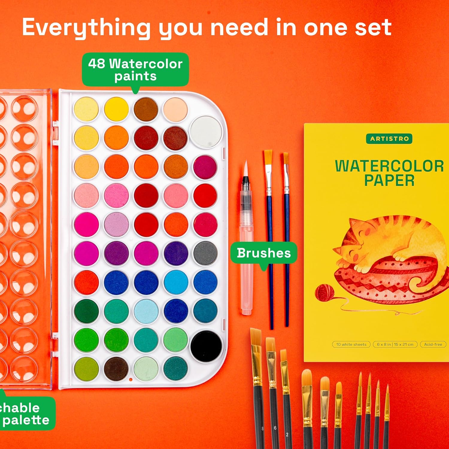 ARTISTRO Washable Watercolor Paint Set 48 Colors with Watercolor Paper, 2 brushes, Refillable Water Brush Pen and Palette, Water Color Paint Set for Kids, Adults, Beginner Artists