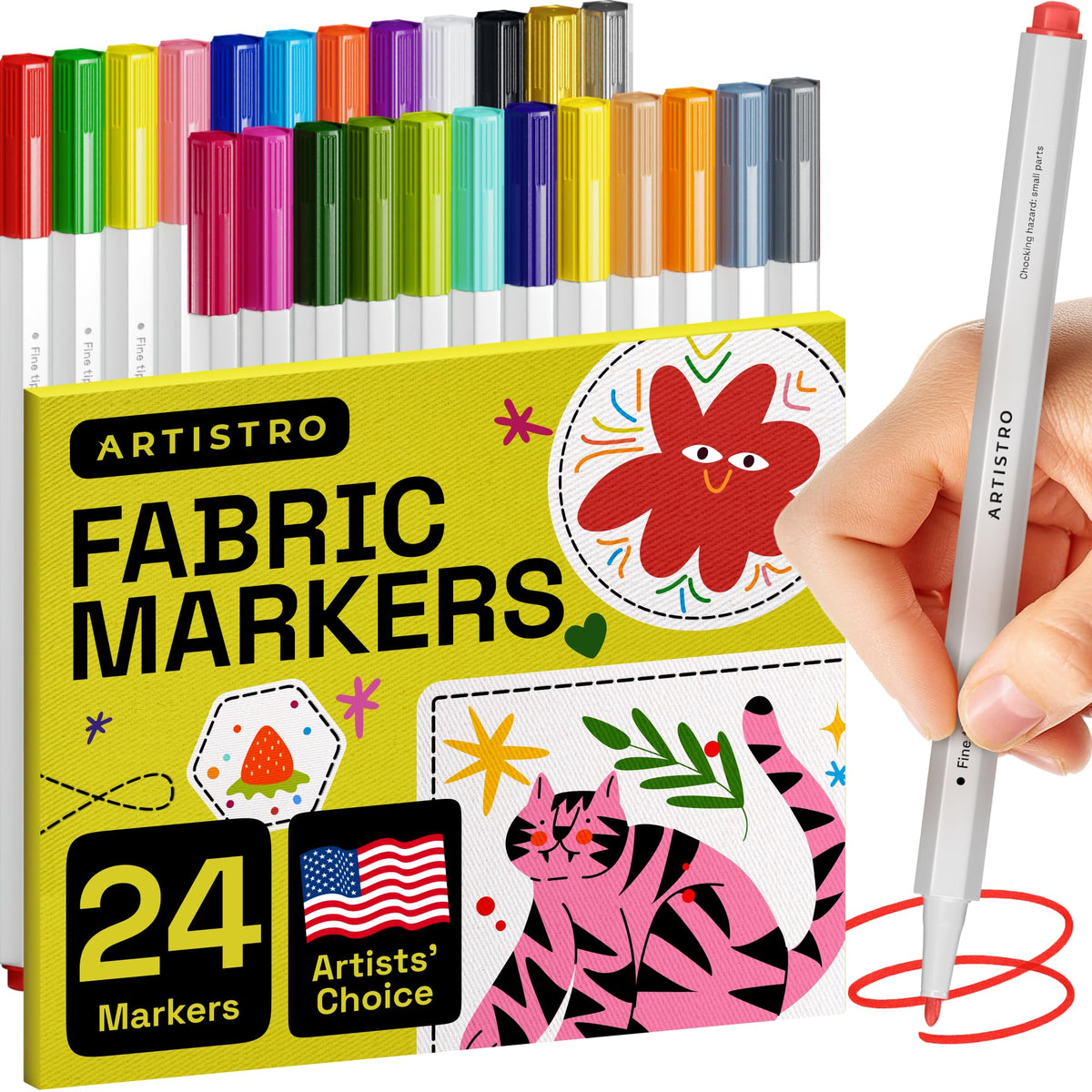 ARTISTRO 24 Fabric Markers - Fine Tip Fabric Markers Permanent for Clothes - No Bleed Pens for T-Shirts, Bags, Textile, Canvas, and more