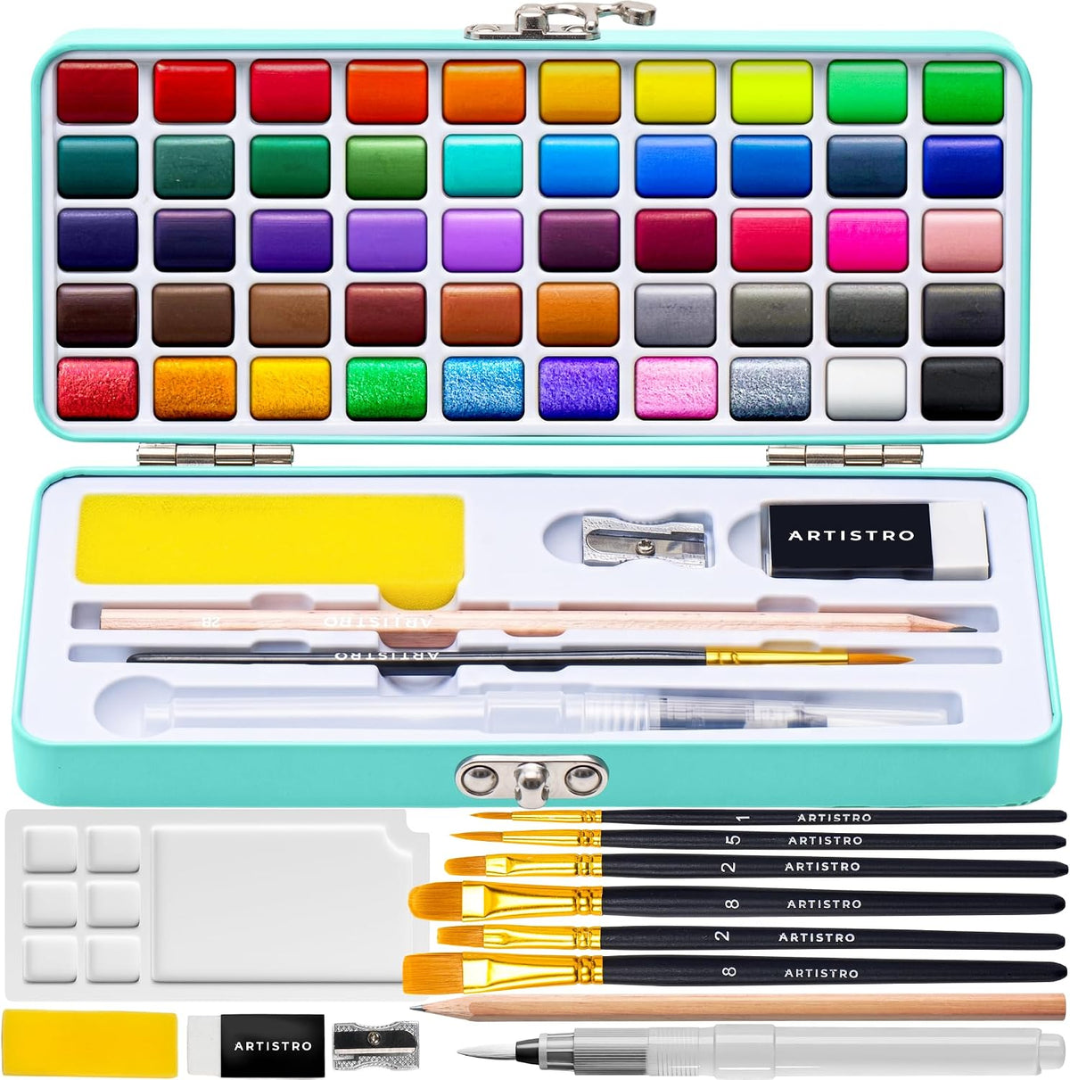 ARTISTRO Watercolor Paint Set - Travel Art Kit - 50 Colors | Professional Watercolor Paints - Portable Metal Case - Complete Painting Kit With Set Of Brushes - For Adults, Artists & Kids