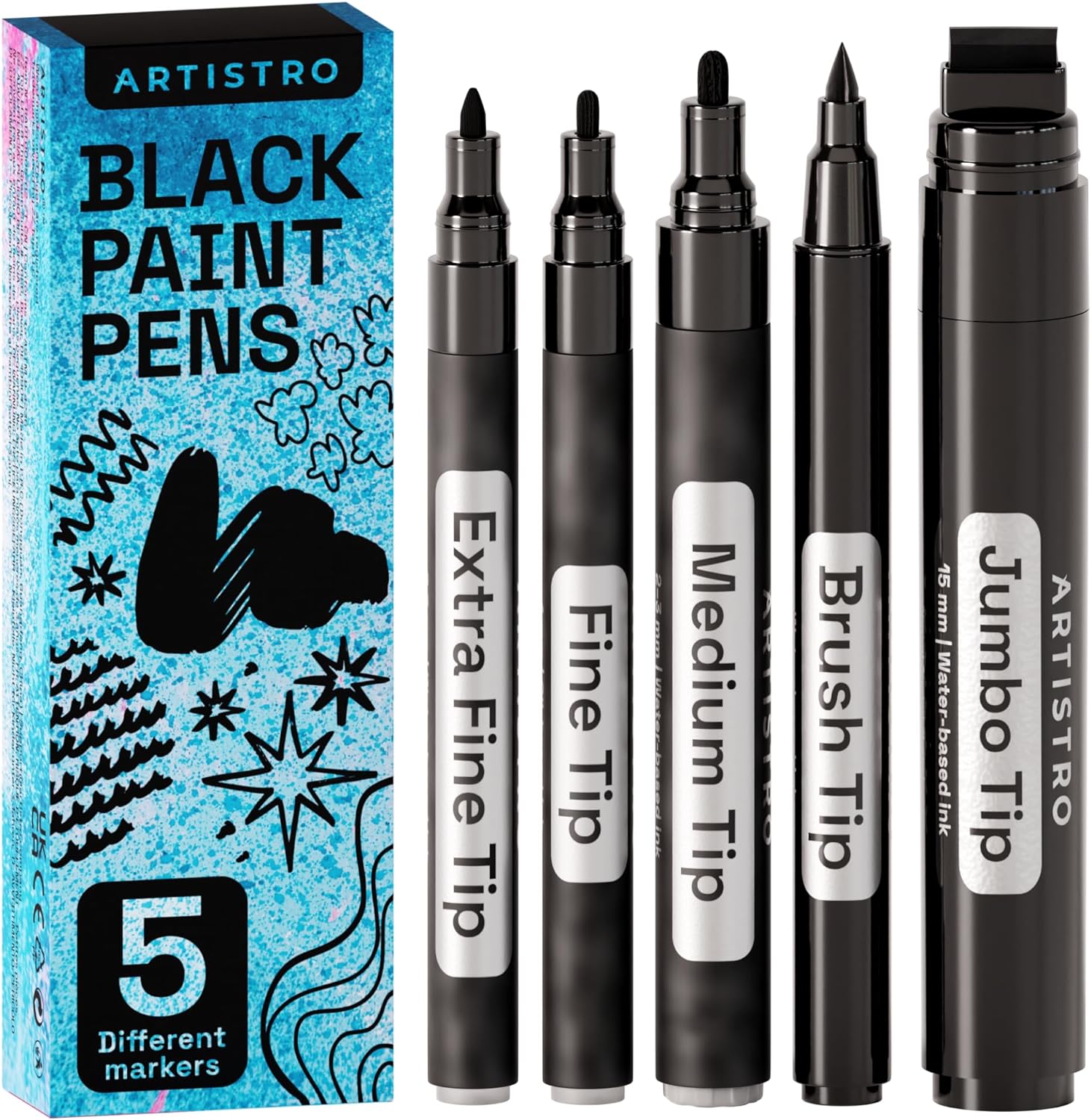 ARTISTRO 5 Black Markers Different Tips - Acrylic Markers with 15mm Jumbo,  0.