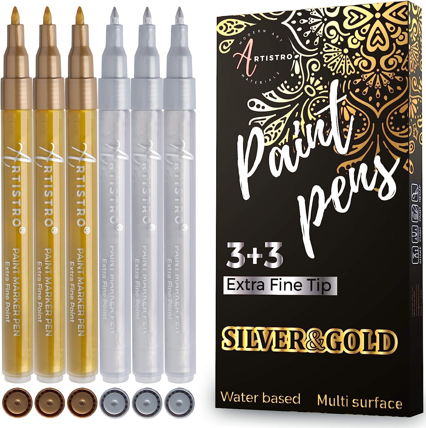 ARTISTRO 6 Acrylic Gold & Silver Paint Pens - 0.7mm Extra-Fine Markers - Great for Greeting Cards, Ornament Decor, & More