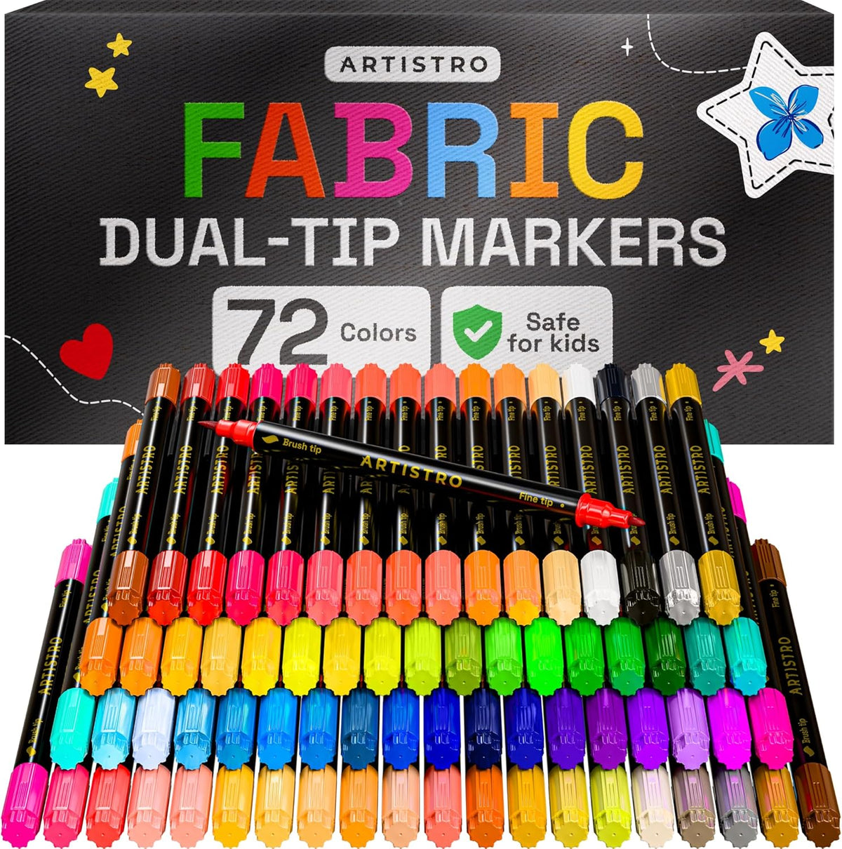 ARTISTRO 72 Dual-Tip Fabric Markers - Fabric Decorating Kit - Permanent for Clothes - Acrylic Paint Pens for Sneakers, Bags, Shoes, Textile, Canvas, Sewing, Craft, DIY - Brush and Fine Tip