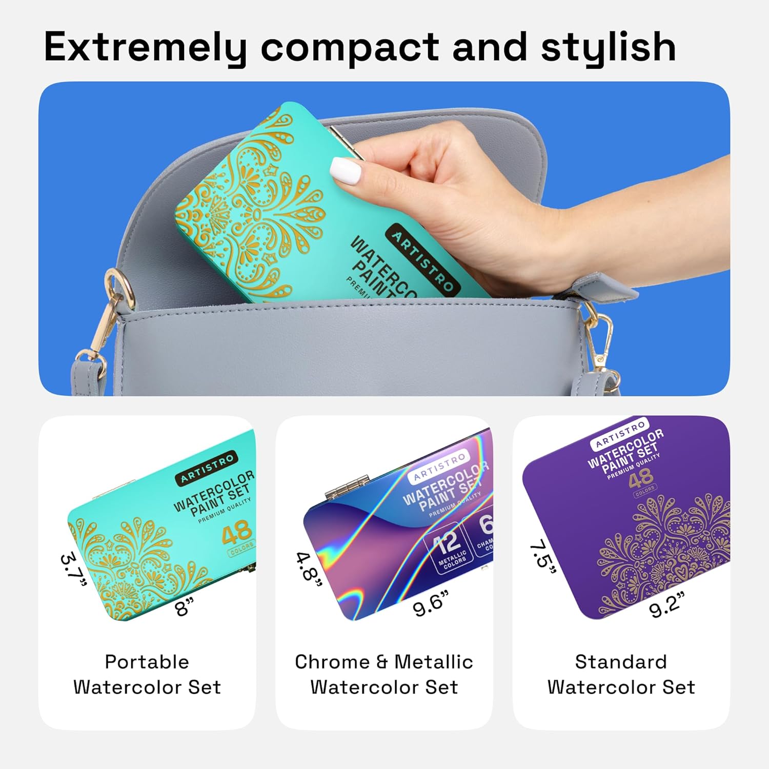 ARTISTRO Watercolor Paint Set, Vivid Colors in Portable Box, Palette set, Including Metallic and Fluorescent Colors. Perfect Travel Watercolor Set for Artists, Amateur Hobbyists and Painting