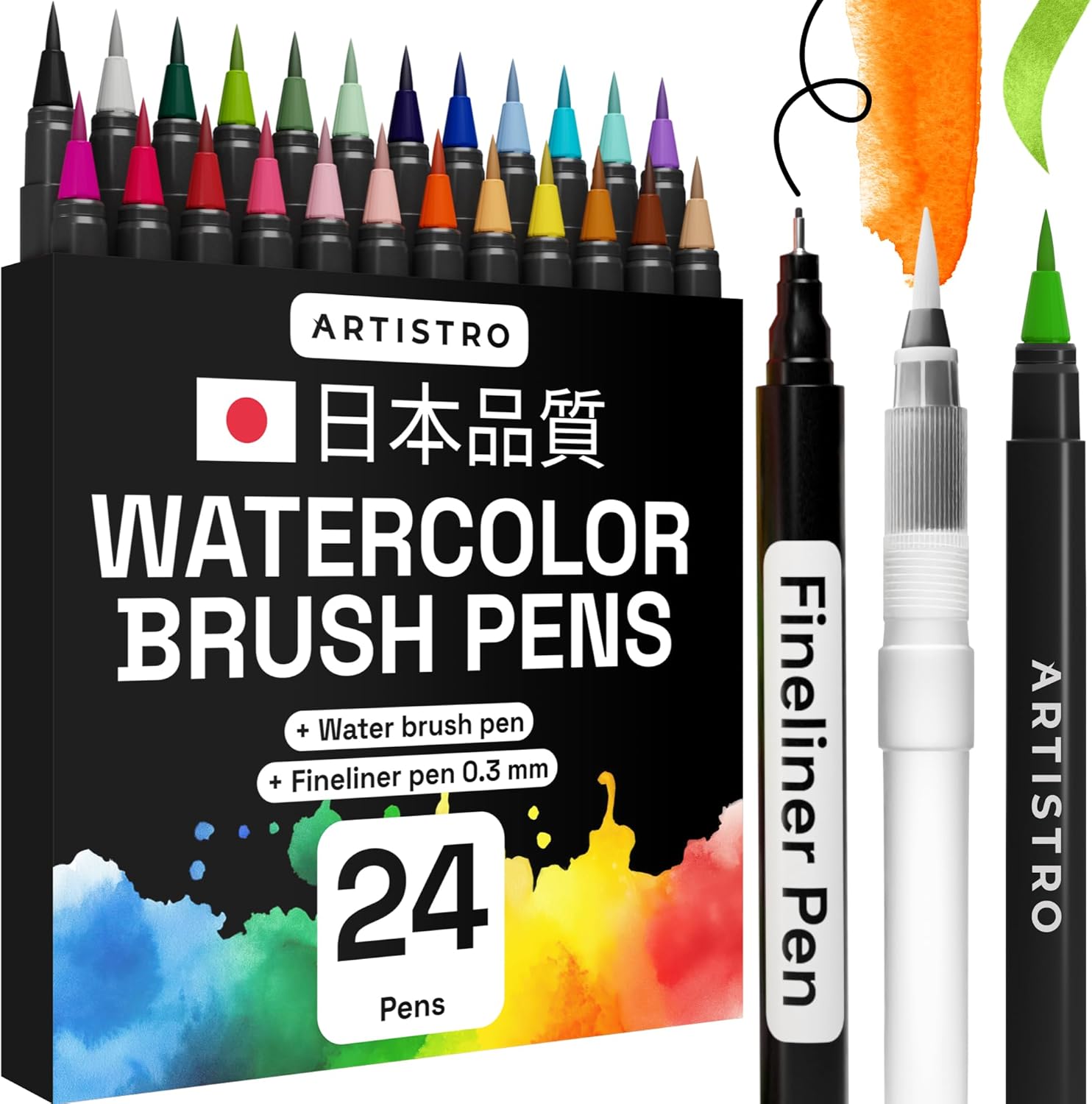 ARTISTRO 24 Watercolor Markers with Flexible Brush Pens for Pros & Beginners - Consistent, Smooth, Washable, Non-Toxic, Ideal for Coloring, Calligraphy, & Manga