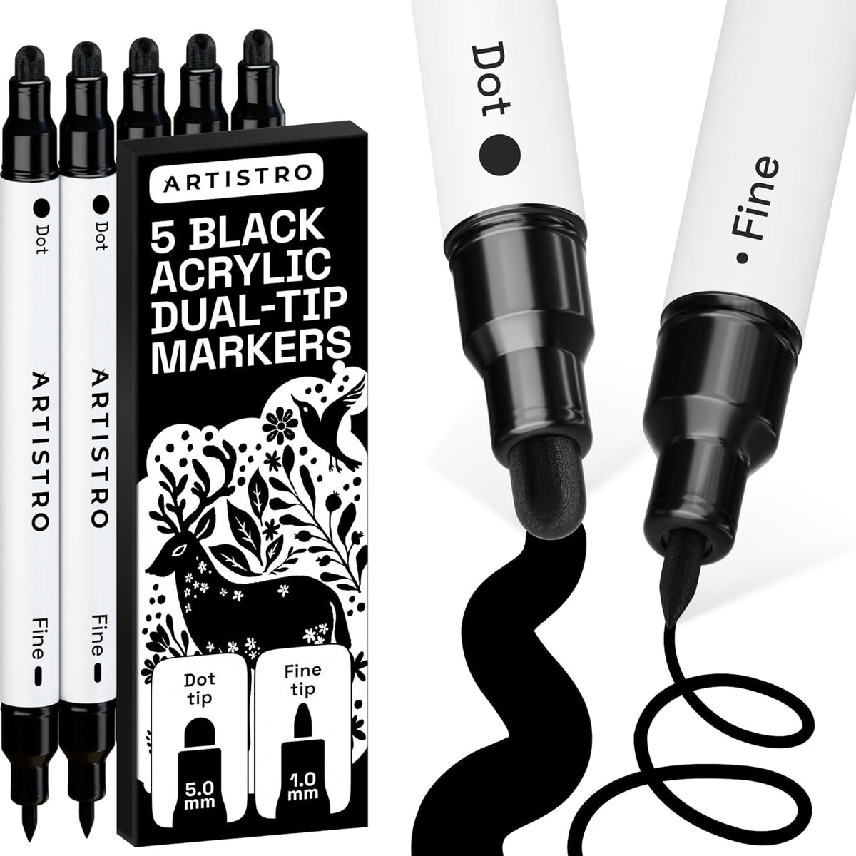 ARTISTRO 5 Precision Dual-Tip Acrylic Paint Markers – Paint Pens Set with Dot & Fine Tips for Fabric, Rock, Glass, Wood, Coloring Books – Classroom & Art Supplies Gift Teacher Appreciation Gift