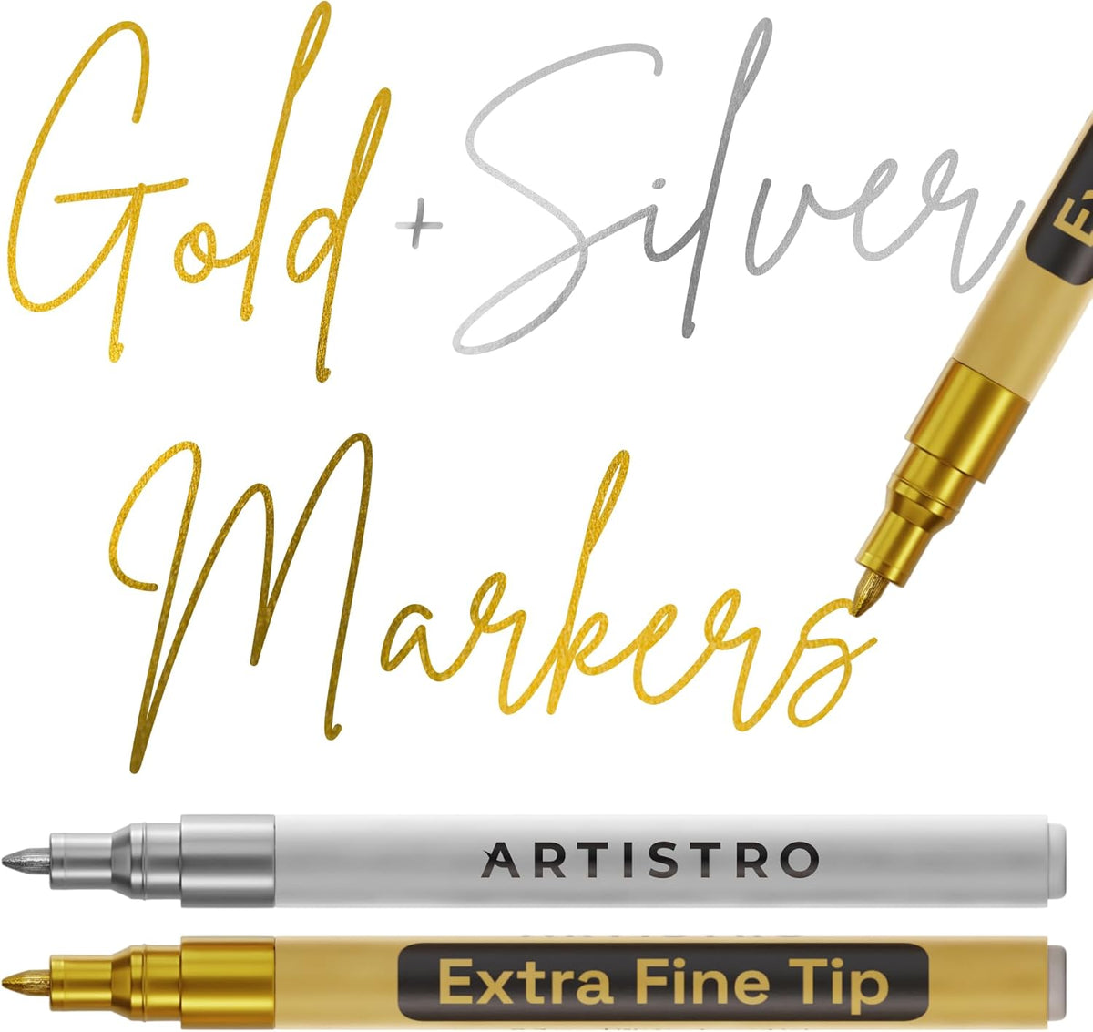 ARTISTRO 2 Gold & Silver Acrylic Paint Markers - 0.7mm Extra Fine-Tip Metallic Paint Pens - Perfect for Crafting, Art Projects, & More
