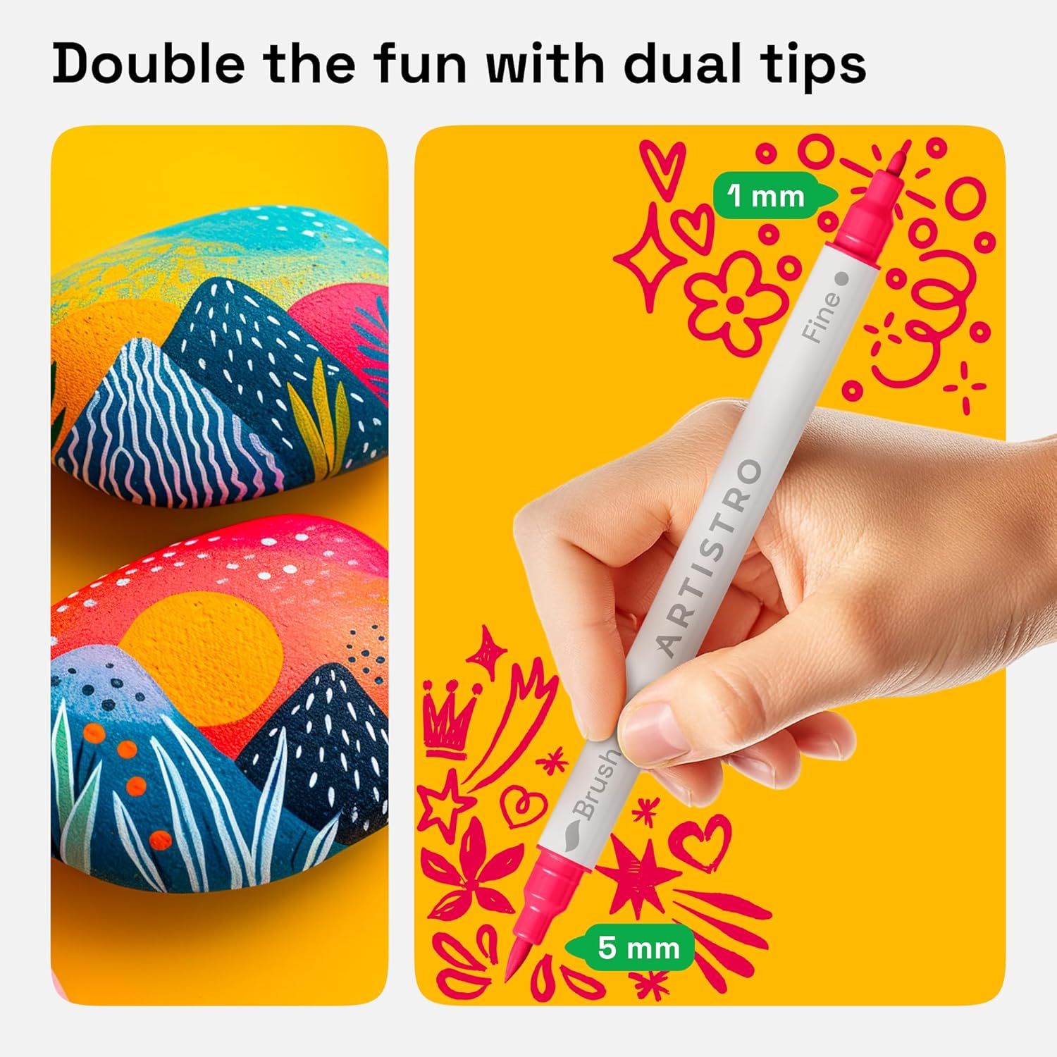 ARTISTRO 24 Dual Tip Fabric Markers - Acrylic Drawing Markers for All Ages & Levels - Fabric Paint Pens for Personalizing Clothes, T Shirts, Bags, Canvas, Textiles (Brush + Fine)