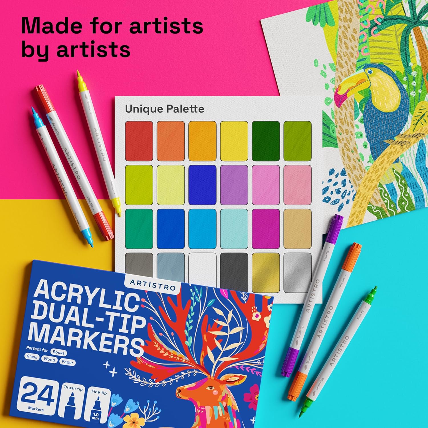 ARTISTRO 24 Dual Tip Fabric Markers - Acrylic Drawing Markers for All Ages & Levels - Fabric Paint Pens for Personalizing Clothes, T Shirts, Bags, Canvas, Textiles (Brush + Fine)
