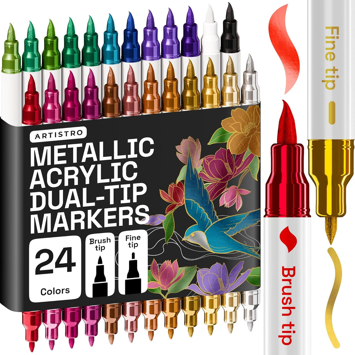 ARTISTRO 24 Metallic Acrylic Paint Markers - Paint Pens for Drawing, Brush + Fine Tips - For Fabric, Rock, Glass, Wood, DIY - Art & Craft Supplies for Adults, Teens, Kids - Teacher Appreciation Gift