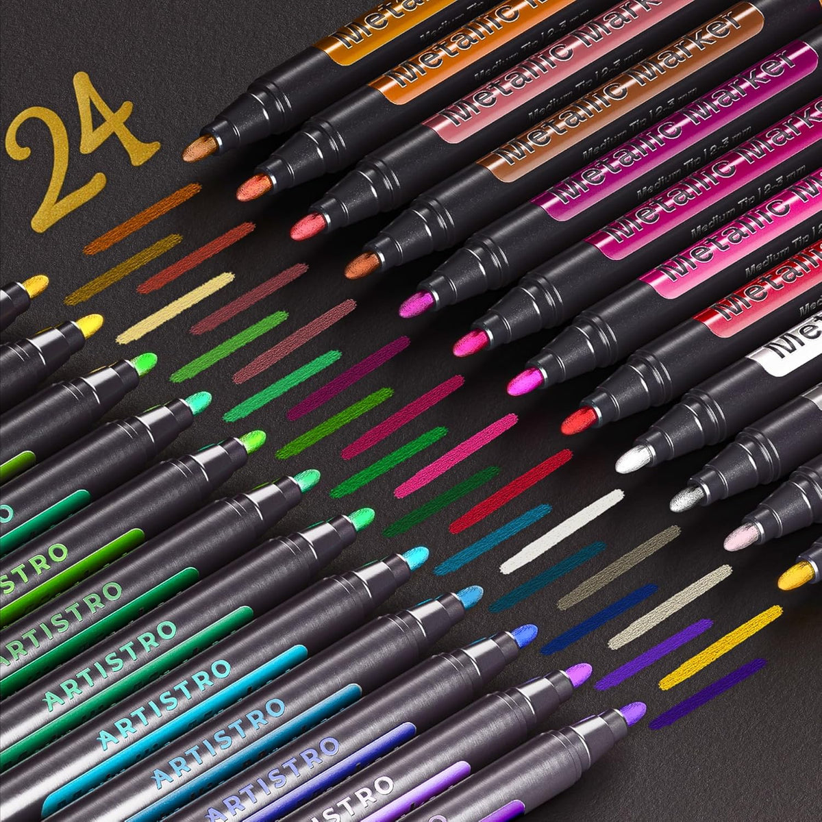 ARTISTRO Paint Pens for Rock Painting, Stone, Ceramic, Glass, Wood, Fabric, Scrapbooking, DIY Craft Making (24 Metallic Medium Tip)