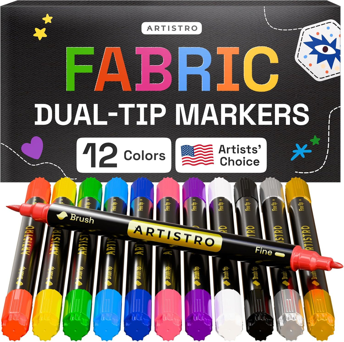 ARTISTRO 12 Dual-Tip Fabric Markers - Fabric Decorating Kit - Permanent for Clothes - No Bleed Pens for T-Shirts, Bags, Textile, Canvas, and More (Brush Tip and Fine Tip)