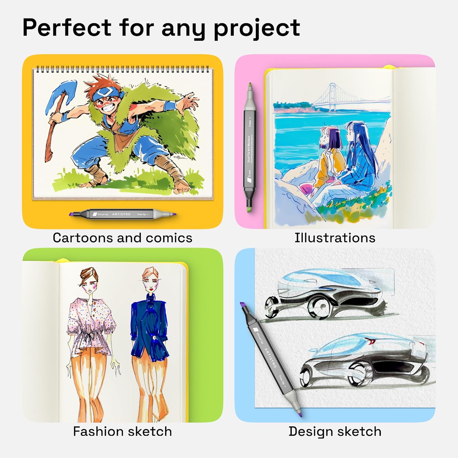 Alcohol Dual Tip Markers Set of 80 with No Bleed Ink, Bonus Case and Vibrant Fade-Resistant Colors, Art Supplies for Sketching, Manga, Drawing, Adult Coloring Books, Card Making (Fine & Chisel)