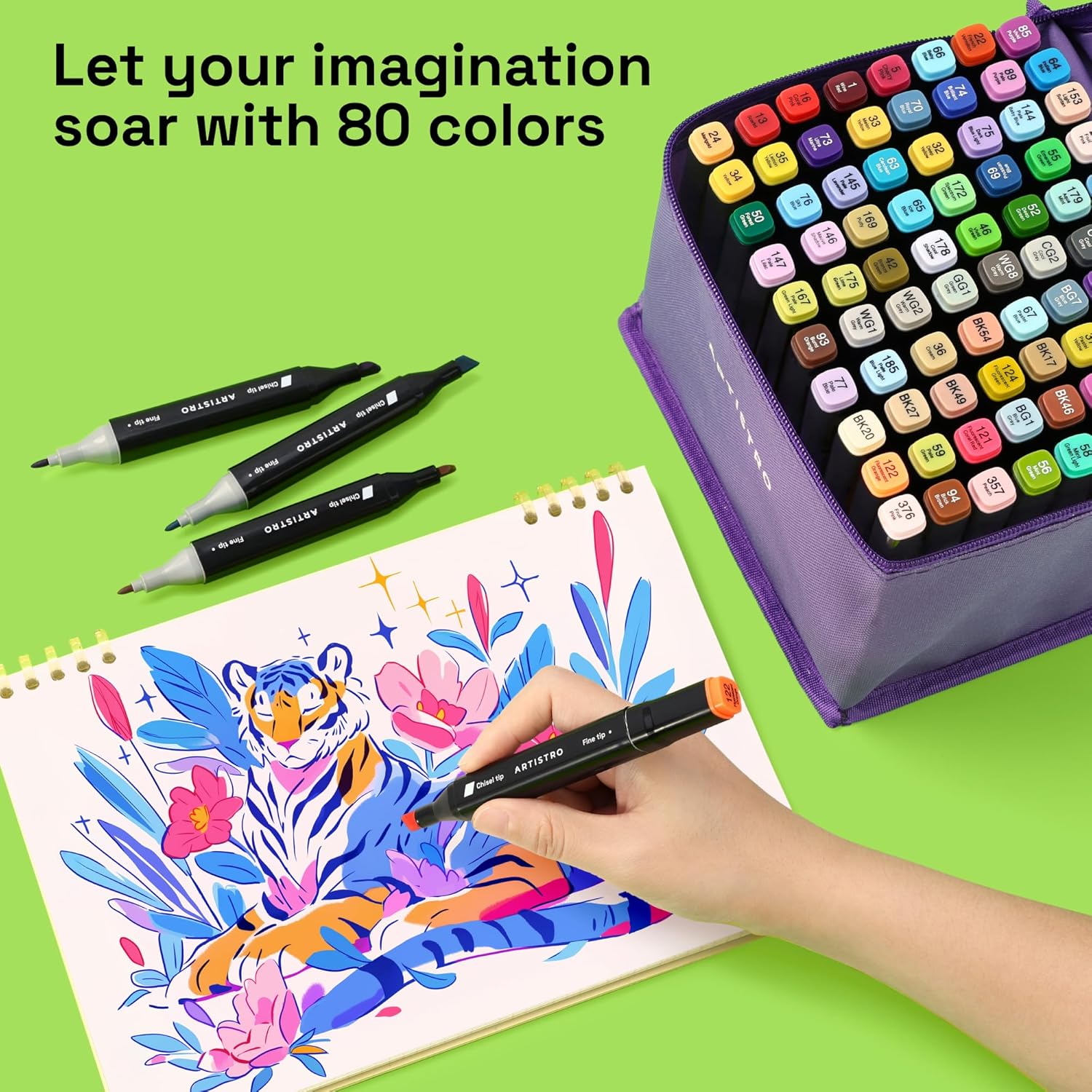 Alcohol Dual Tip Markers Set of 80 with No Bleed Ink, Bonus Case and Vibrant Fade-Resistant Colors, Art Supplies for Sketching, Manga, Drawing, Adult Coloring Books, Card Making (Fine & Chisel)