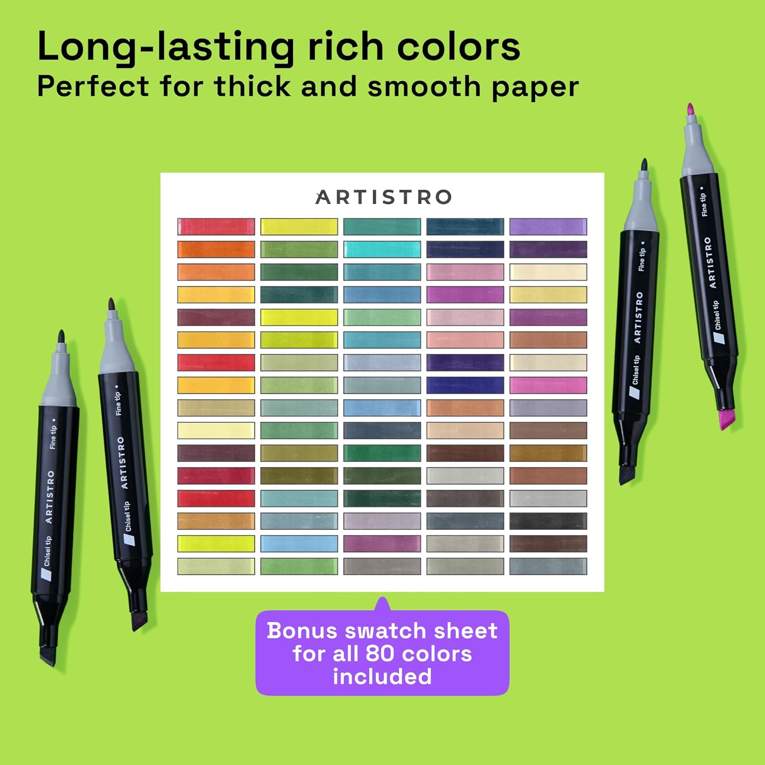 Alcohol Dual Tip Markers Set of 80 with No Bleed Ink, Bonus Case and Vibrant Fade-Resistant Colors, Art Supplies for Sketching, Manga, Drawing, Adult Coloring Books, Card Making (Fine & Chisel)