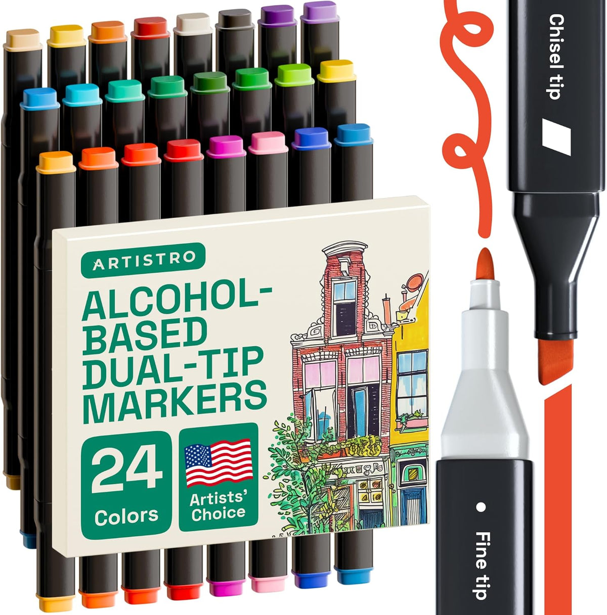 Alcohol Dual Tip Markers Set of 24 with No Bleed Ink, Bonus Case and Vibrant Fade-Resistant Colors, Art Supplies for Sketching, Manga, Drawing, Adult Coloring Books, Card Making (Fine & Chisel)